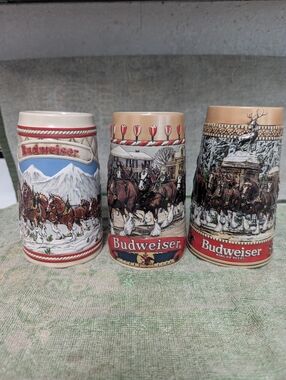 Vintage Series A,B,&C Budweiser Ceramic Clydesdale Stein Set - Red, Tan, Brown